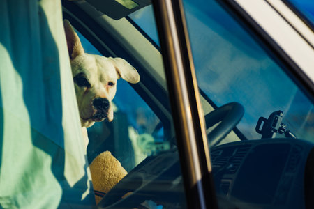 Dog in rv camper car looking trought window pane. Motorhome traveling with pet. Danger of pet overheating or hypothermia.の写真素材