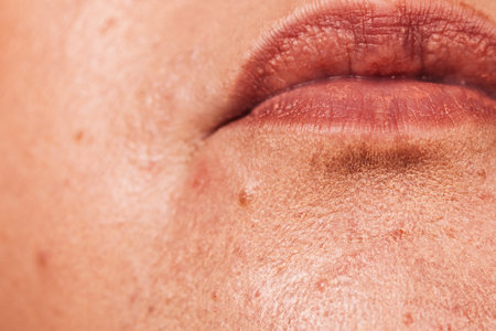 Mature woman showing her face with acne and moles. Adult female no make up with red spots on her chin.の写真素材