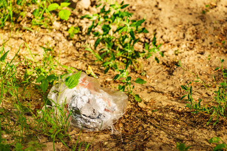 Trash garbage in bag outdoors. Nature environment problems.の写真素材