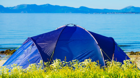 Blue tent on Gimsoysand beach in summer. Mountains on sea horizon. Camping on ocean shore. Lofoten archipelago Norway. Holidays and adventure.の写真素材