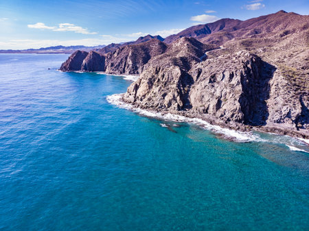 Aerial view. Sea coastal landscape, Cabo Cope y Puntas de Calnegre Regional Park, Murcia region in Spain. Tourist site.の写真素材