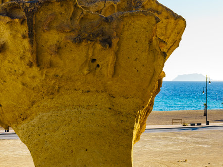 Stunning rock erosion formations along beach in Bolnuevo, near Mazarron. Natural sandstone shapes. Murcia Spain. Places to visit. Tourist attraction.の写真素材