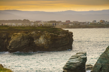 Cantabric coast landscape in northern Spain. Cliff formations on Cathedral Beach, Galicia Spain. Playa de las Catedrales, As Catedrais in Ribadeo, province of Lugo. Tourist attraction.の写真素材