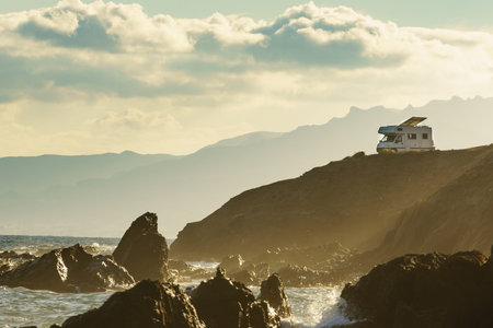 Seaside landscape with camper rv camping on cliff sea shore. Mediterranean region of Villaricos,...