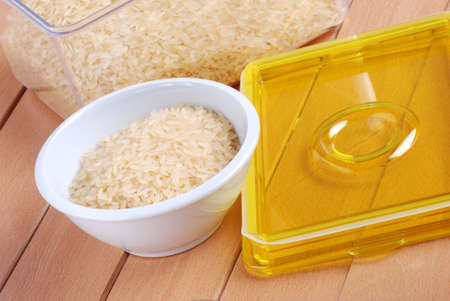 portion of rice in white bowlの写真素材