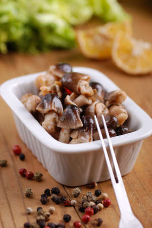 mushrooms in oil in the white bowl