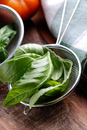 basil leaves on wooden tableの写真素材