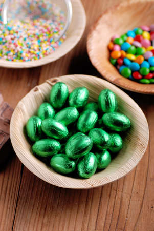 small Easter eggs wrapped in aluminum foilの写真素材