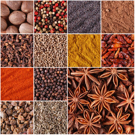 spices and herbs, collage composed of thirteen photographsの写真素材