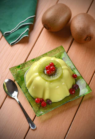 kiwi pudding with currants in glass saucerの写真素材