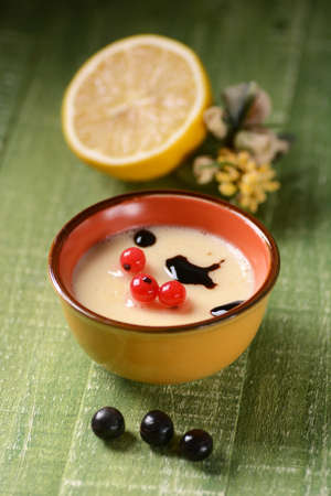 lemon dessert decorated with red currants in clay bowlの写真素材