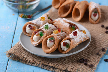 Sicilian cannoli with candied fruit - Traditional Italian dessertの写真素材