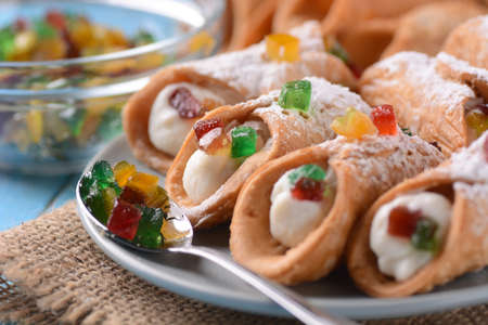 Sicilian cannoli with candied fruit - Traditional Italian dessertの写真素材