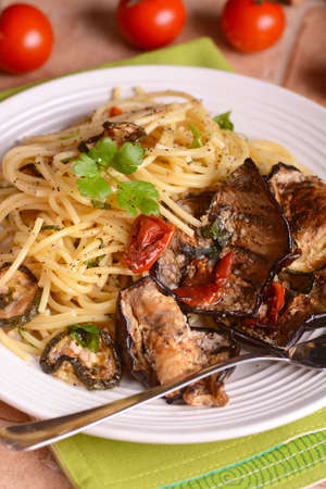 pepper spaghetti with grilled vegetablesの写真素材