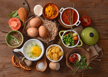 various ingredients on wood tableの写真素材