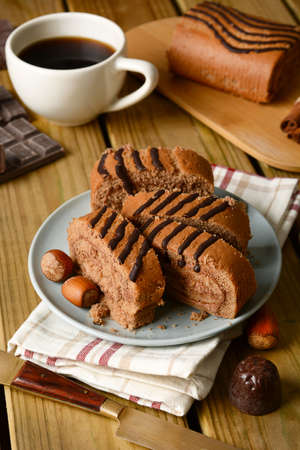 slices of cake with chocolate and hazelnut - closeupの写真素材