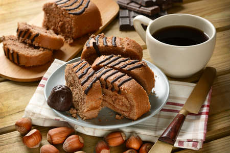 slices of cake with chocolate and hazelnut - closeupの写真素材