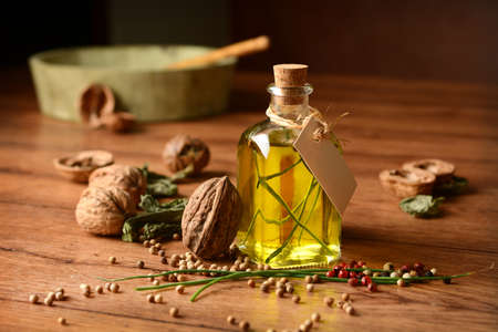 Olive oil flavored with walnuts and chives - closeupの写真素材