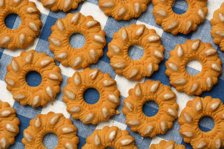 pile of homemade cookies on the tablecloth - closeupの写真素材