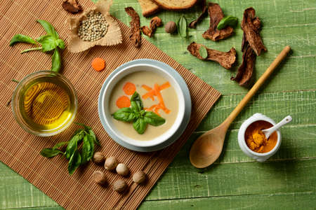 porcini mushroom soup with carrots - closeupの写真素材