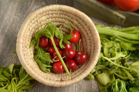 delicious red cherries on the table - grown in Italy - closeupの写真素材