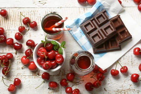 cherry juice on the white table - closeupの写真素材