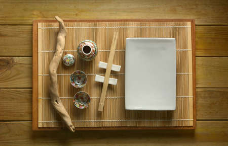 sushi chopsticks and other chinese kitchen utensils - top view - closeupの写真素材