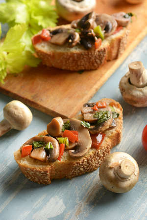 Rustic Toast bread with mushrooms and vegetables assorted - closeupの写真素材