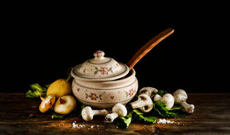 Mushroom soup with onions in tureen with ingredients around - closeupの写真素材