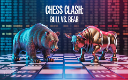 Bull and bear on chess board. Bull and bear on the background of the stock exchange chart.の素材