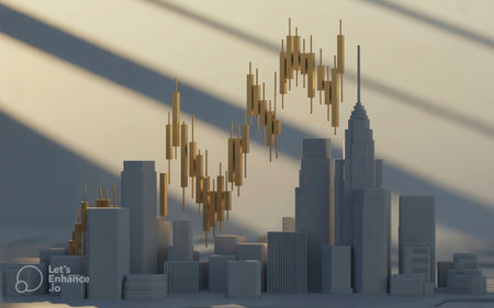 3d render of a cityscape with skyscrapers and chartsの素材