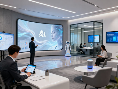 Group of business people working on laptop and tablet computer in meeting room with artificial intelligence (AI), machine learning and cloud computing concept.の素材