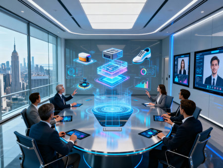 Group of business people in a meeting using gadgets connected to each other in a modern office with hologram screensの素材
