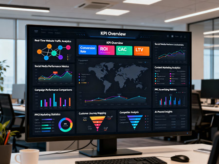 Modern computer screen with infographics and charts in office. 3d renderingの素材