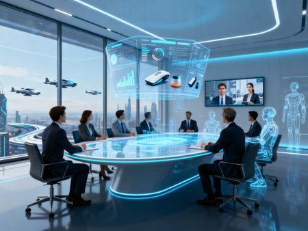 business, technology and people concept - close up of creative team with virtual screens in officeの素材