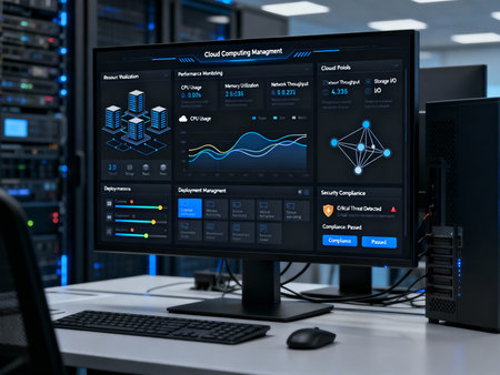 3d rendering of server room with big data analytic interface on computer screenの素材