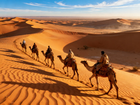Caravan of camels in the Sahara desert, Morocco, Africaの素材