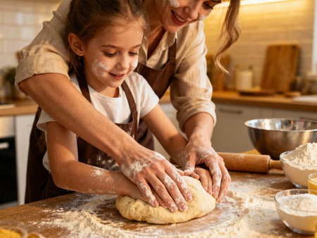 Close up of little girl and her mother kneading dough in kitchenの素材