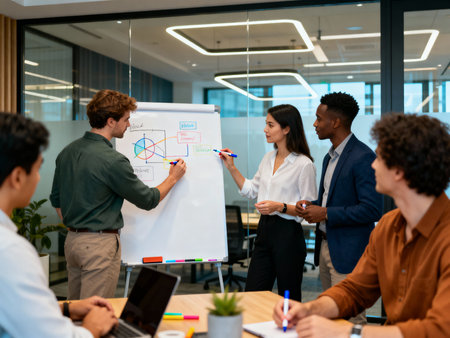 Multiethnic group of young business people in a meeting at officeの素材