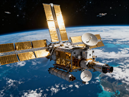 International Space Station orbiting the planet Earth in outer space. 3D renderingの素材