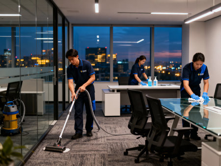 Group of asian cleaning staff working with vacuum cleaner in modern officeの素材