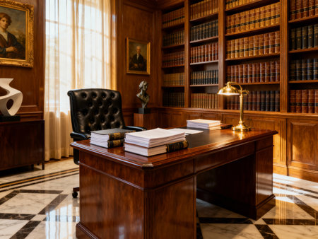 Luxury library interior with books on a table and armchairの素材