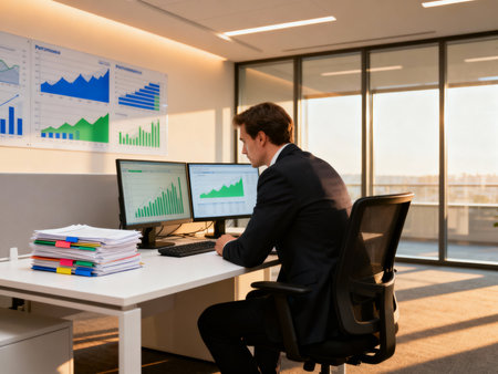 Side view of a young businessman using a laptop in an office environmentの素材