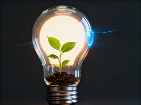 Glowing light bulb with green plant inside, concept of renewable energyの素材