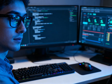 Portrait of a young hacker in front of the computer screen.の素材