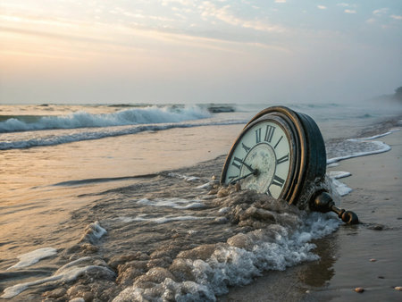 Old clock on the beach at sunset time. Time is running out.の素材