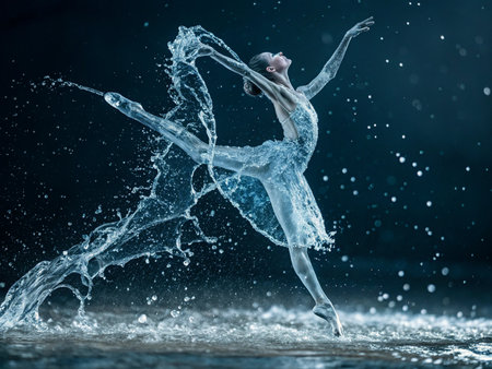 Young beautiful ballerina dancing in water on black studio background.の素材