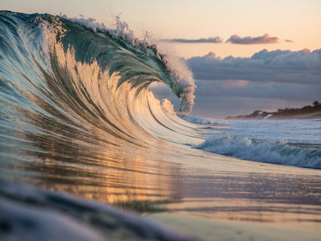 Surfer on a beautiful wave at sunset in Oahu, Hawaiiの素材