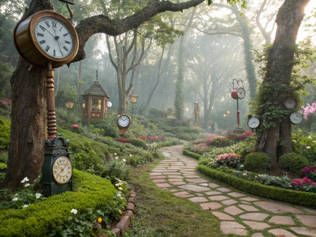 Morning fog in the garden with clock and lantern at Doi Inthanon, Chiang Mai, Thailandの素材