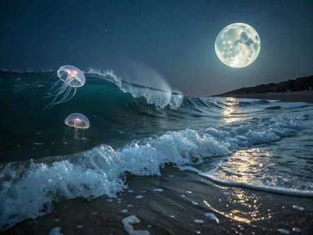 Jellyfish in the ocean at night with full moon and starsの素材
